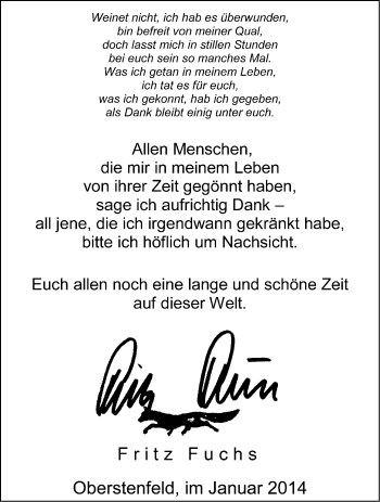 Traueranzeige von Fritz Fuchs von Marbacher Zeitung