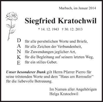 Traueranzeige von Siegfried Kratochwil von Marbacher Zeitung