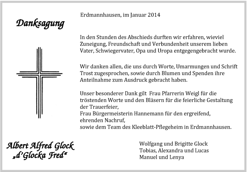  Traueranzeige für Albert Alfred Glock vom 28.01.2014 aus Marbacher Zeitung