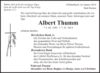 Traueranzeige von Danksagung Albert Thumm  von Marbacher Zeitung