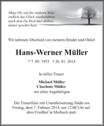 Traueranzeige von  Hans-Werner  Müller von Marbacher Zeitung