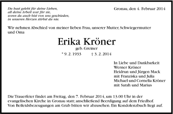 Traueranzeige von Erika Kröner von Marbacher Zeitung