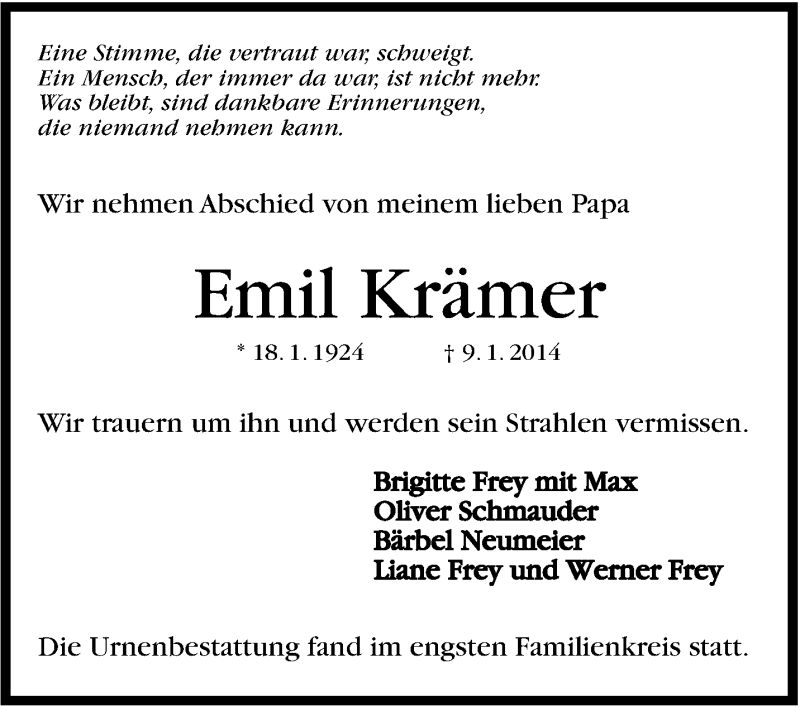  Traueranzeige für  Emil Krämer vom 08.02.2014 aus Marbacher Zeitung