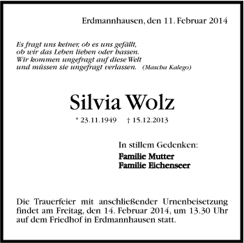 Traueranzeige von Silvia Wolz von Marbacher Zeitung