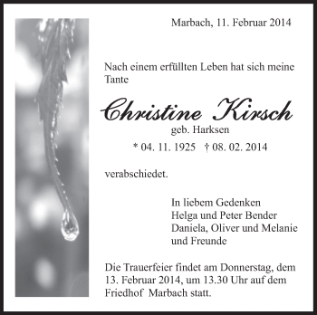 Traueranzeige von Christine Kirsch von Marbacher Zeitung