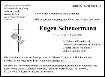 Traueranzeige von  Eugen Scheuermann von Marbacher Zeitung