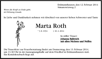 Traueranzeige von Marta Roth von Marbacher Zeitung