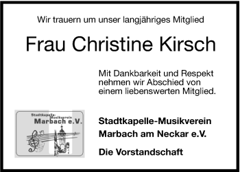 Traueranzeige von Christine Kirsch von Marbacher Zeitung