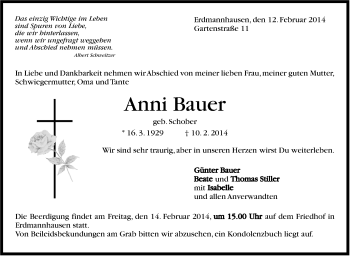 Traueranzeige von  Anni Bauer von Marbacher Zeitung