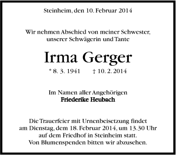 Traueranzeige von Irma Gerger von Marbacher Zeitung