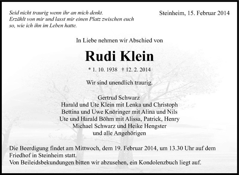 Traueranzeige für Rudi Klein vom 15.02.2014 aus Marbacher Zeitung
