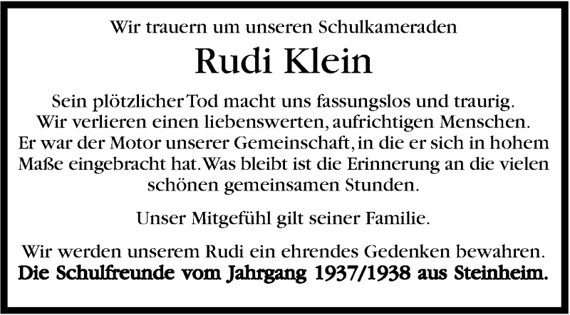  Traueranzeige für Rudi Klein vom 15.02.2014 aus Marbacher Zeitung