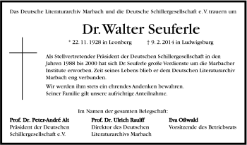 Traueranzeige von Walter Seuferle von Marbacher Zeitung