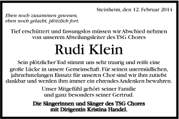 Traueranzeige von Rudi Klein von Marbacher Zeitung