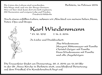 Traueranzeige von Karl Wiedenmann von Marbacher Zeitung