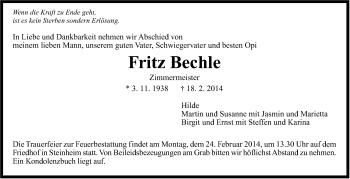 Traueranzeige von Fritz Bechle von Marbacher Zeitung