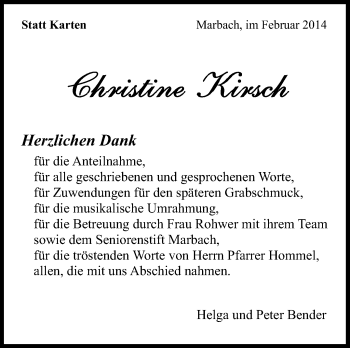 Traueranzeige von Christine Kirsch von Marbacher Zeitung