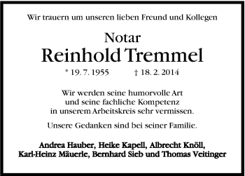 Traueranzeige von Reinhold Tremmel von Marbacher Zeitung