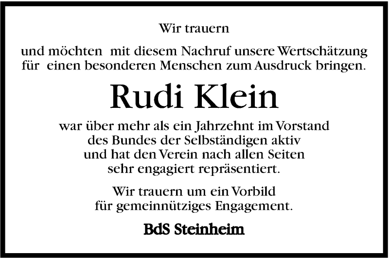 Traueranzeige für Rudi Klein vom 19.02.2014 aus Marbacher Zeitung