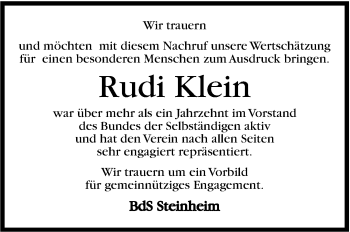 Traueranzeige von Rudi Klein von Marbacher Zeitung