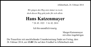 Traueranzeige von Hans Katzenmayer von Marbacher Zeitung