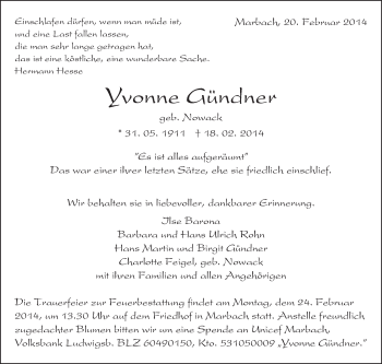 Traueranzeige von Yvonne Gündner von Marbacher Zeitung