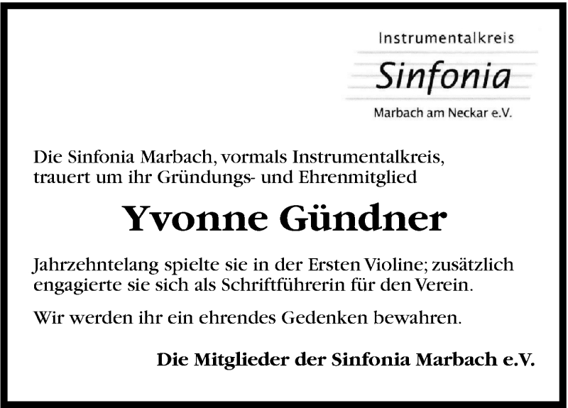  Traueranzeige für Yvonne Gündner vom 22.02.2014 aus Marbacher Zeitung