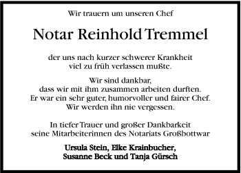 Traueranzeige von Reinhold Tremmel von Marbacher Zeitung