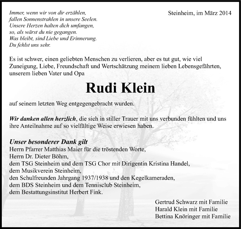  Traueranzeige für Rudi Klein vom 06.03.2014 aus Marbacher Zeitung