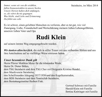 Traueranzeige von Rudi Klein von Marbacher Zeitung