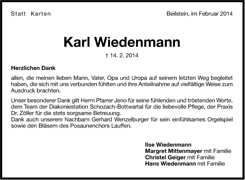  Traueranzeige für Karl Wiedenmann vom 07.03.2014 aus Marbacher Zeitung