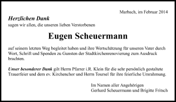 Traueranzeige von  Eugen Scheuermann von Marbacher Zeitung