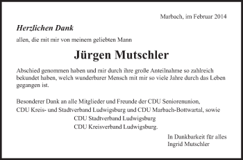 Traueranzeige von Jürgen Mutschier von Marbacher Zeitung
