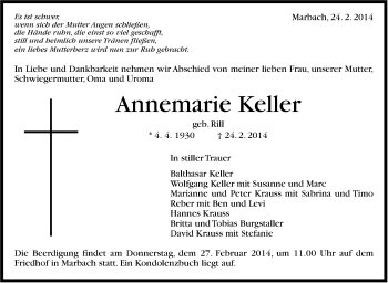 Traueranzeige von  Annemarie Keller von Marbacher Zeitung