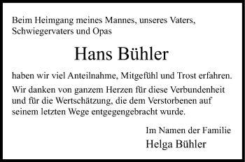 Traueranzeige von Hans Bühler von Marbacher Zeitung