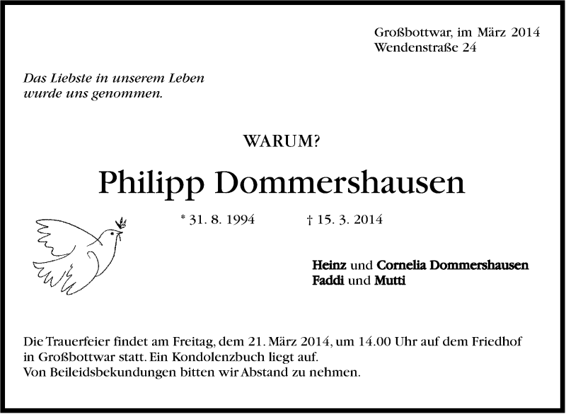  Traueranzeige für  Philipp Dommershausen vom 20.03.2014 aus Marbacher Zeitung