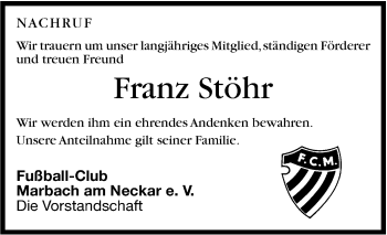 Traueranzeige von Franz Stöhr von Marbacher Zeitung