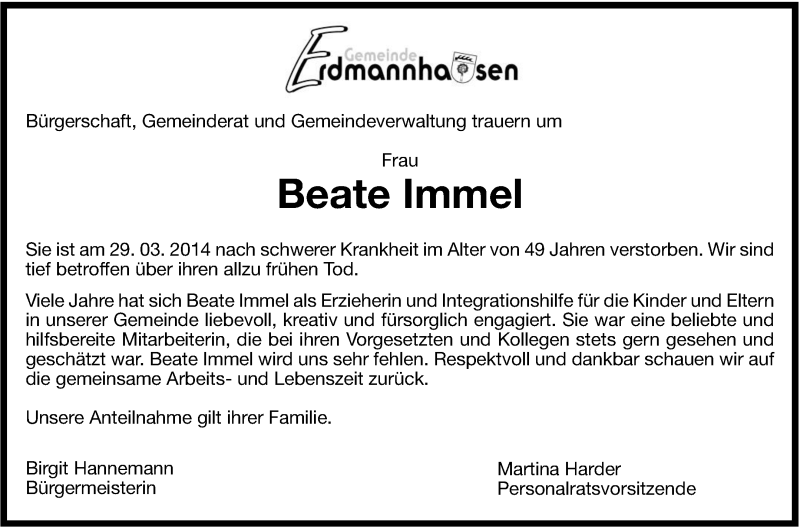  Traueranzeige für Beate Immel vom 02.04.2014 aus Marbacher Zeitung