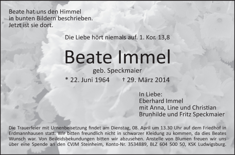  Traueranzeige für Beate Immel vom 02.04.2014 aus Marbacher Zeitung