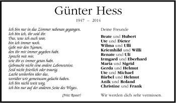 Traueranzeige von Günter Hess von Marbacher Zeitung
