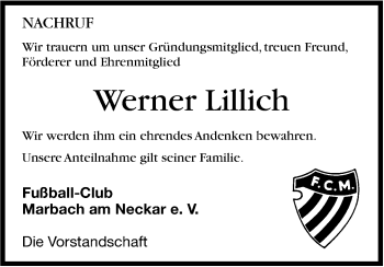 Traueranzeige von Werner Lillich von Marbacher Zeitung