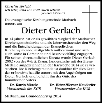 Traueranzeige von Dieter Gerlach von Marbacher Zeitung