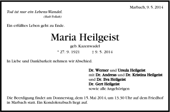Traueranzeige von Maria Heilgeist von Marbacher Zeitung