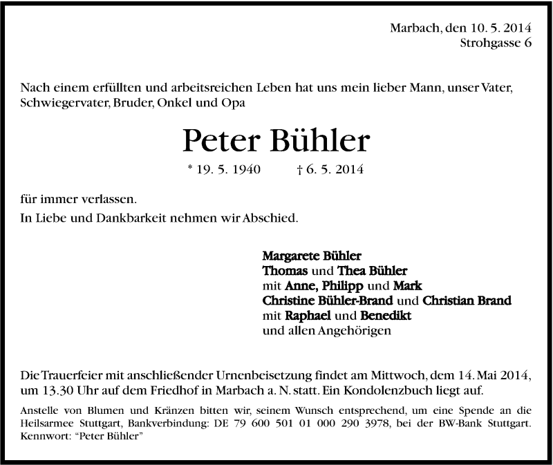  Traueranzeige für  Peter Bühler vom 10.05.2014 aus Marbacher Zeitung