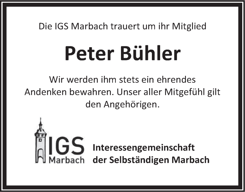  Traueranzeige für Peter Bühler vom 13.05.2014 aus Marbacher Zeitung