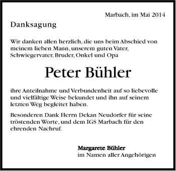 Traueranzeige von Peter Bühler von Marbacher Zeitung