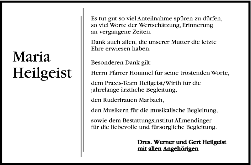  Traueranzeige für Maria Heilgeist vom 24.05.2014 aus Marbacher Zeitung