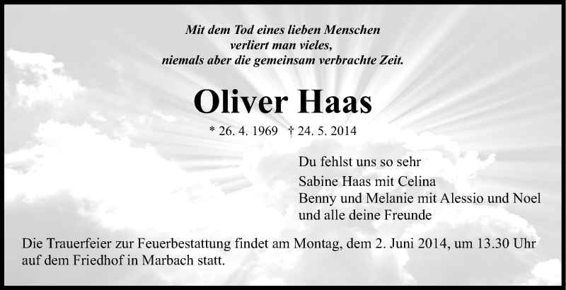  Traueranzeige für Oliver Haas vom 27.05.2014 aus Marbacher Zeitung