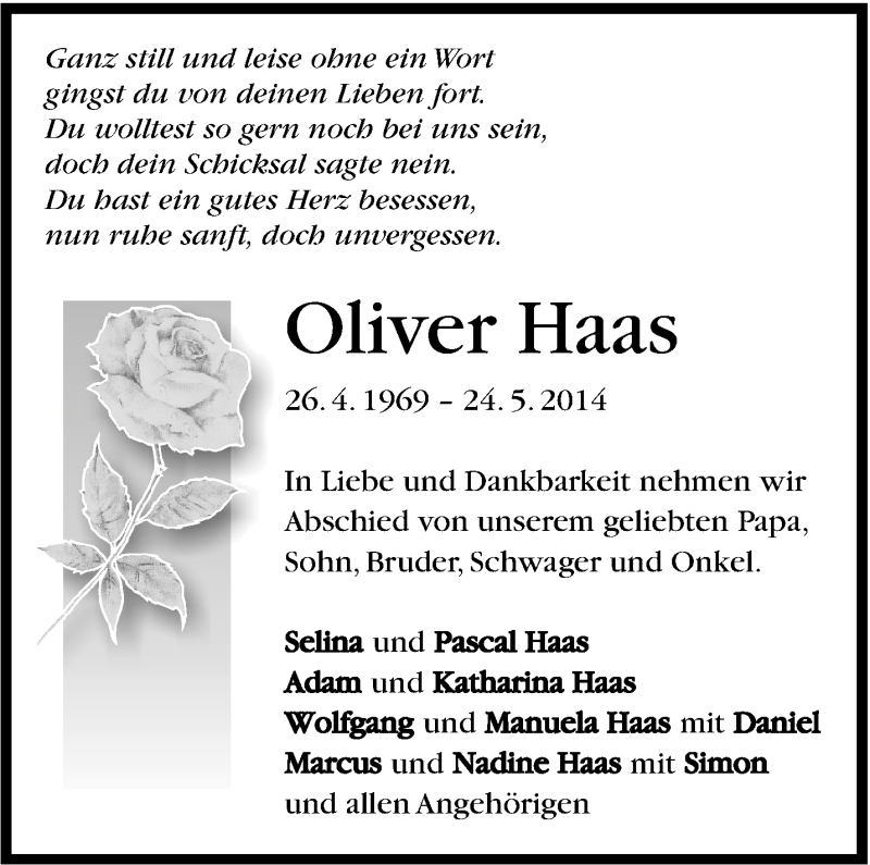  Traueranzeige für Oliver Haas vom 28.05.2014 aus Marbacher Zeitung