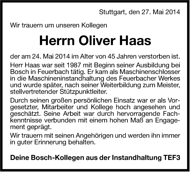  Traueranzeige für Oliver Haas vom 28.05.2014 aus Marbacher Zeitung